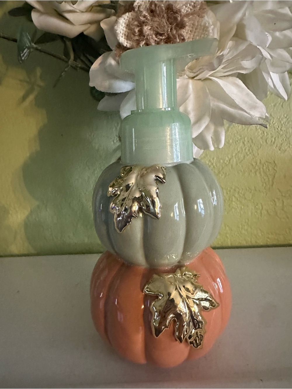 Bath & Body Works Ceramic Pumpkin Soap Dispenser in Sage Green and Coral